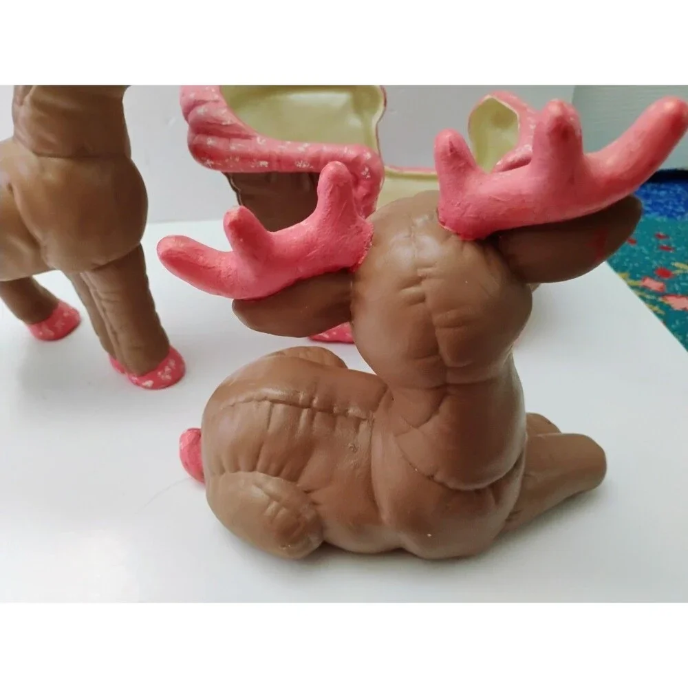 Vintage 1987 Kimple Softy Ceramic Reindeer Sleigh Set 3 Pc Quilted Pink Decor